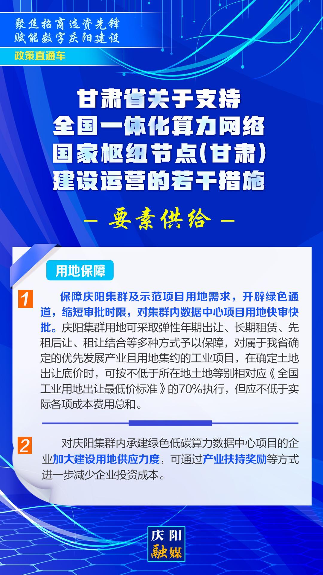 【聚焦招商選資先鋒 賦能數(shù)字慶陽建設(shè)】甘肅省關(guān)于支持全國(guó)一體化算力網(wǎng)絡(luò)國(guó)家樞紐節(jié)點(diǎn)(甘肅)建設(shè)運(yùn)營(yíng)的若干措施︱要素供給——用地保障